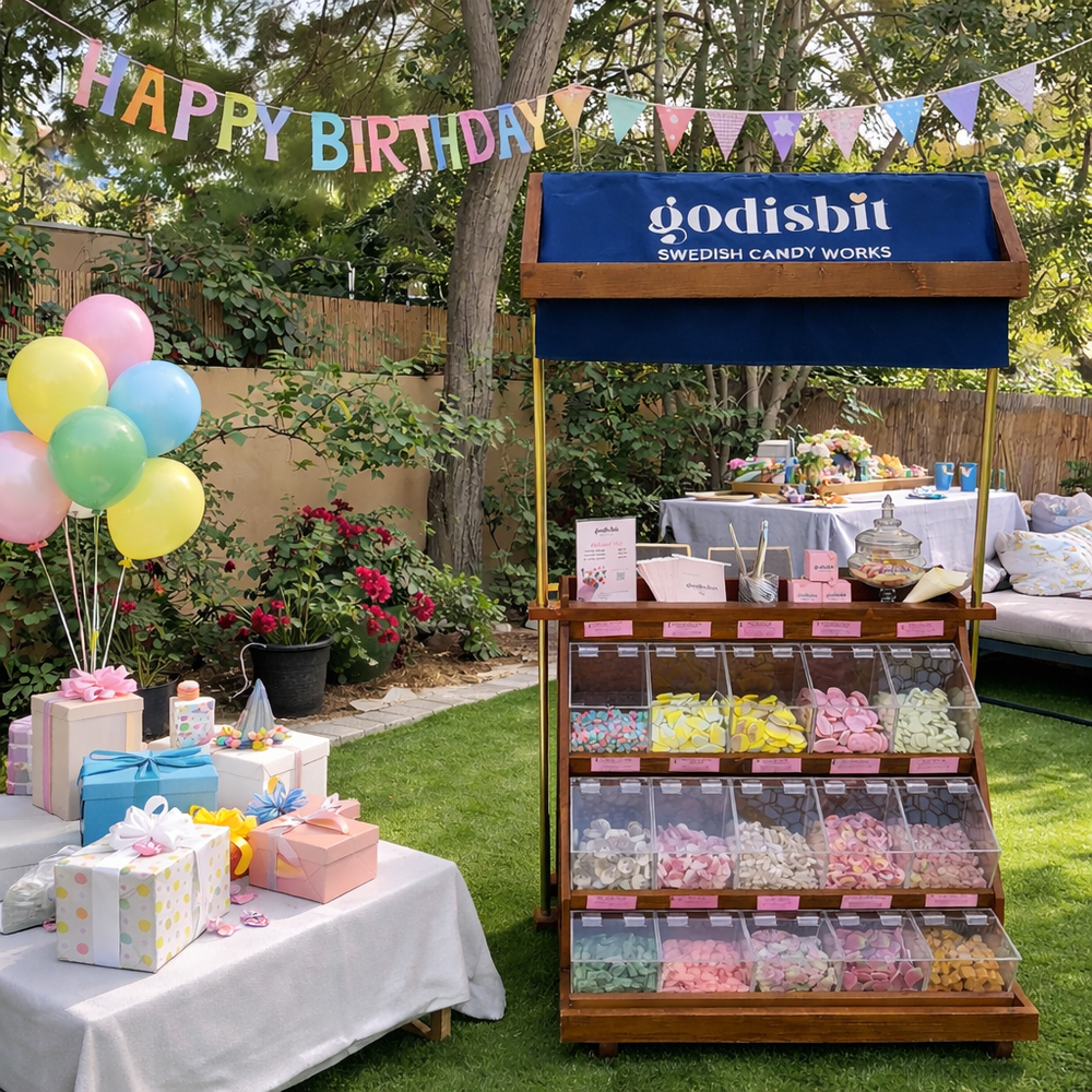 Godisbit Swedish candy cart set up for a birthday celebration